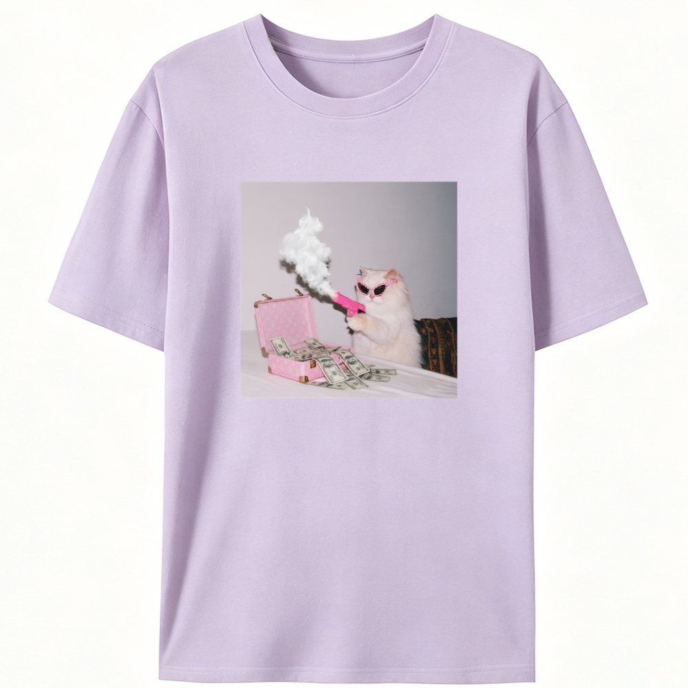 Rich Pink Gun Cat Retro Designed for Women - Slim Fit Cotton Tee