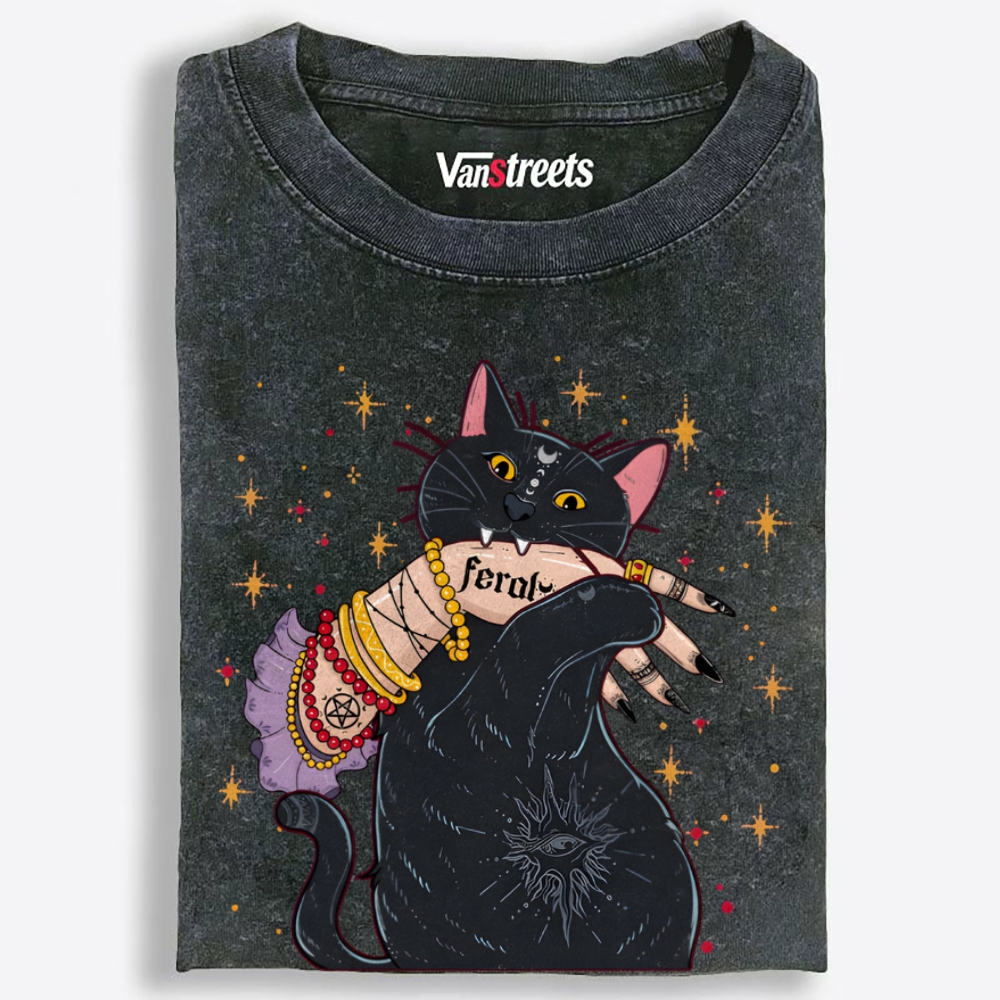Feral Witchy Black Cat Retro Washed T-Shirt | 100% Cotton | Streetwear Essential