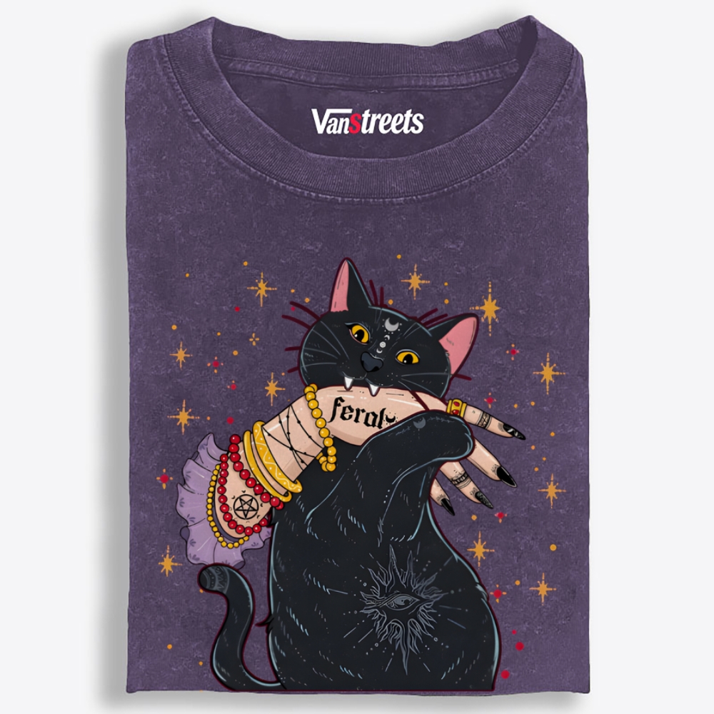 Feral Witchy Black Cat Retro Washed T-Shirt | 100% Cotton | Streetwear Essential