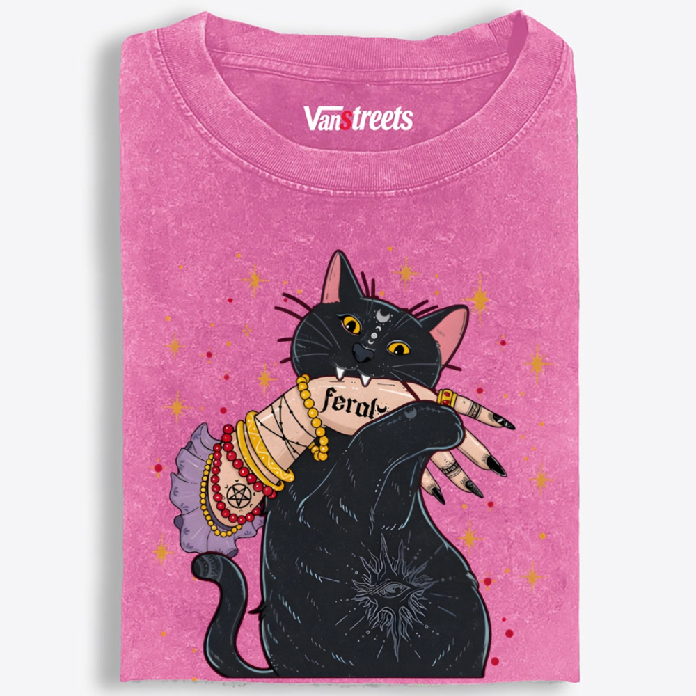 Feral Witchy Black Cat Retro Washed T-Shirt | 100% Cotton | Streetwear Essential