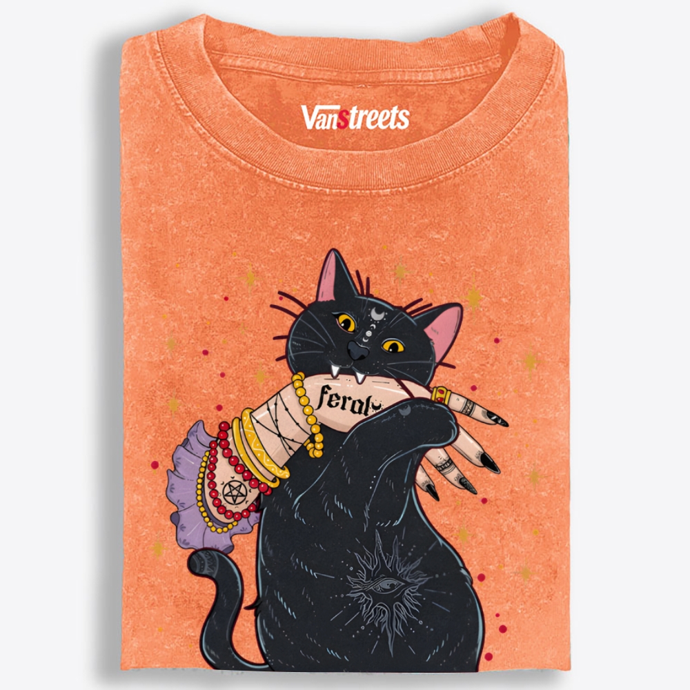 Feral Witchy Black Cat Retro Washed T-Shirt | 100% Cotton | Streetwear Essential