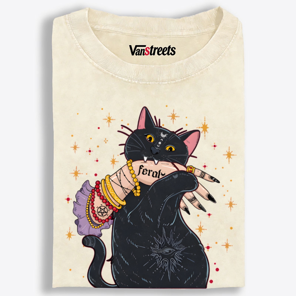 Feral Witchy Black Cat Retro Washed T-Shirt | 100% Cotton | Streetwear Essential