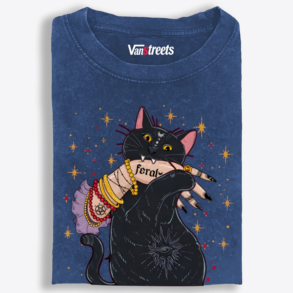 Feral Witchy Black Cat Retro Washed T-Shirt | 100% Cotton | Streetwear Essential