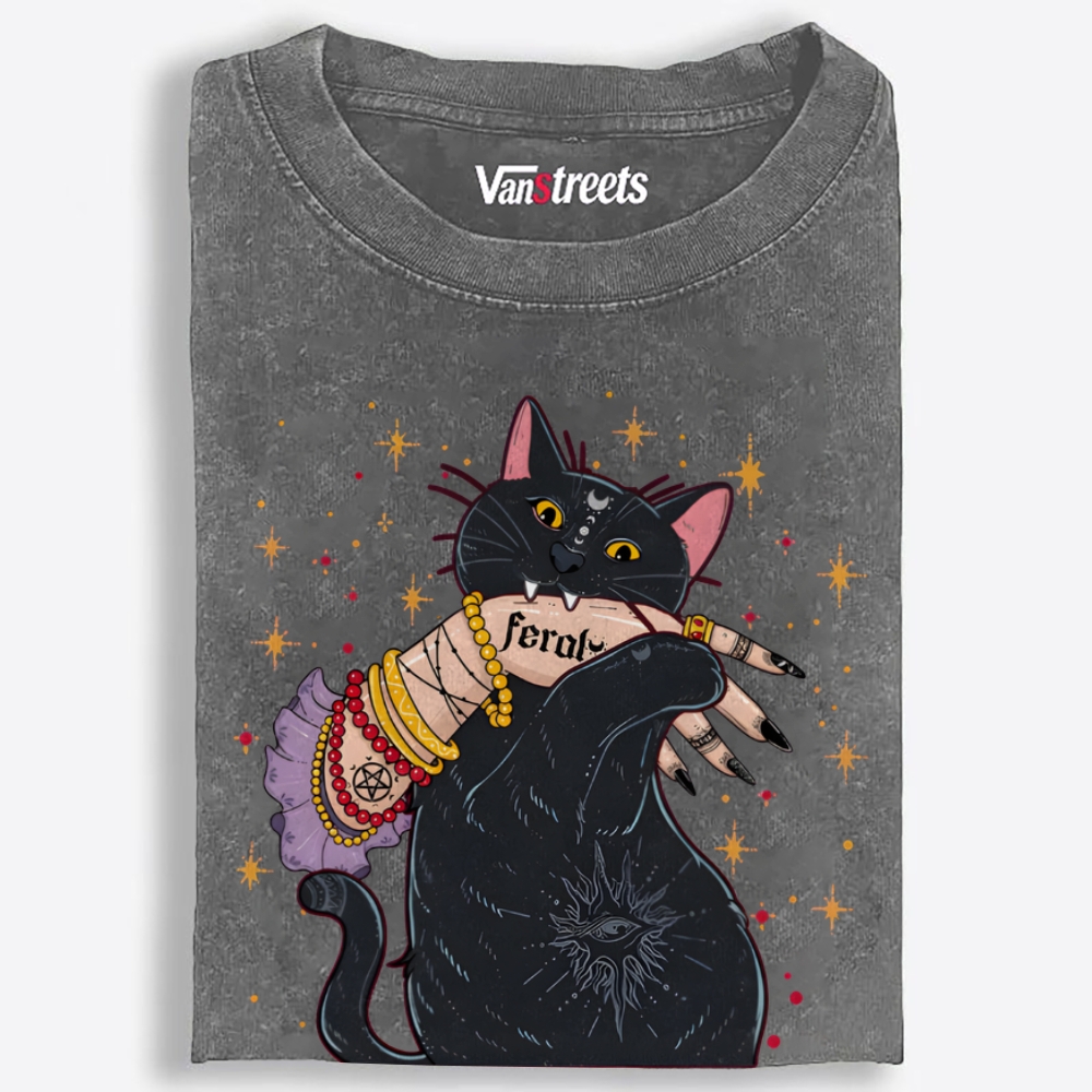 Feral Witchy Black Cat Retro Washed T-Shirt | 100% Cotton | Streetwear Essential