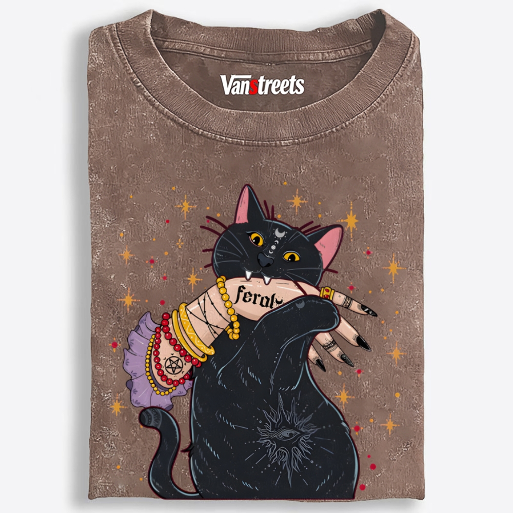 Feral Witchy Black Cat Retro Washed T-Shirt | 100% Cotton | Streetwear Essential
