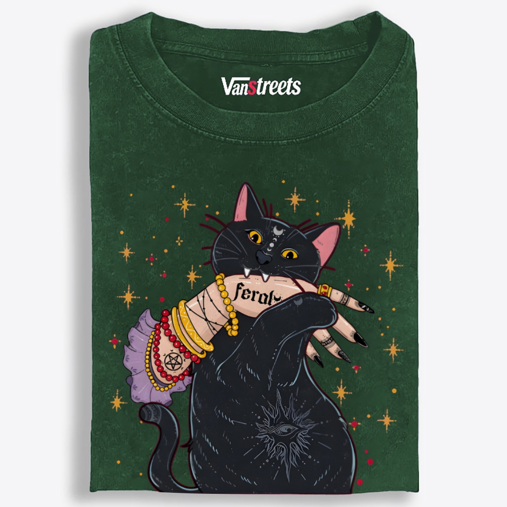 Feral Witchy Black Cat Retro Washed T-Shirt | 100% Cotton | Streetwear Essential