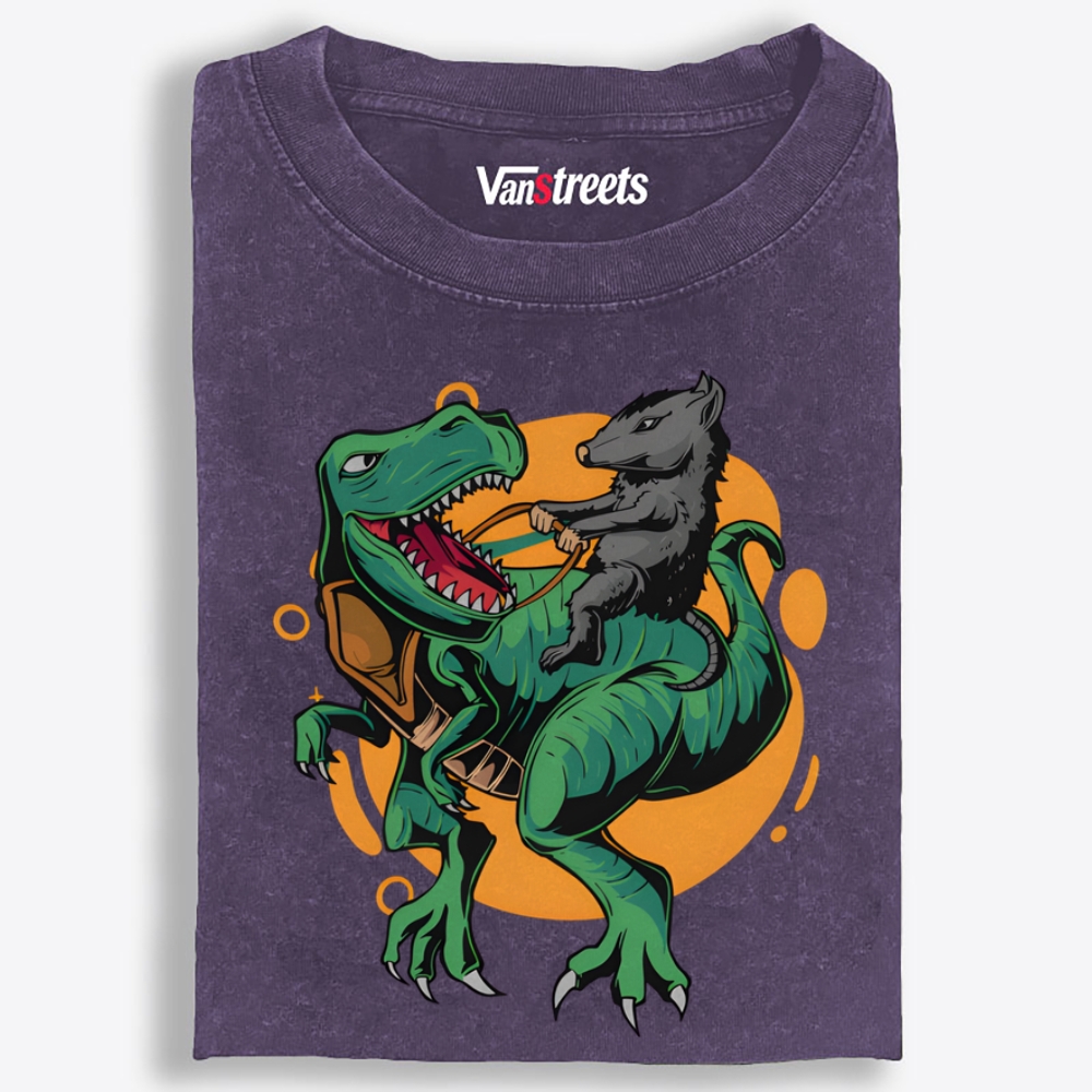 Rat Riding T-Rex Retro Washed T-Shirt | 100% Cotton | Streetwear Essential