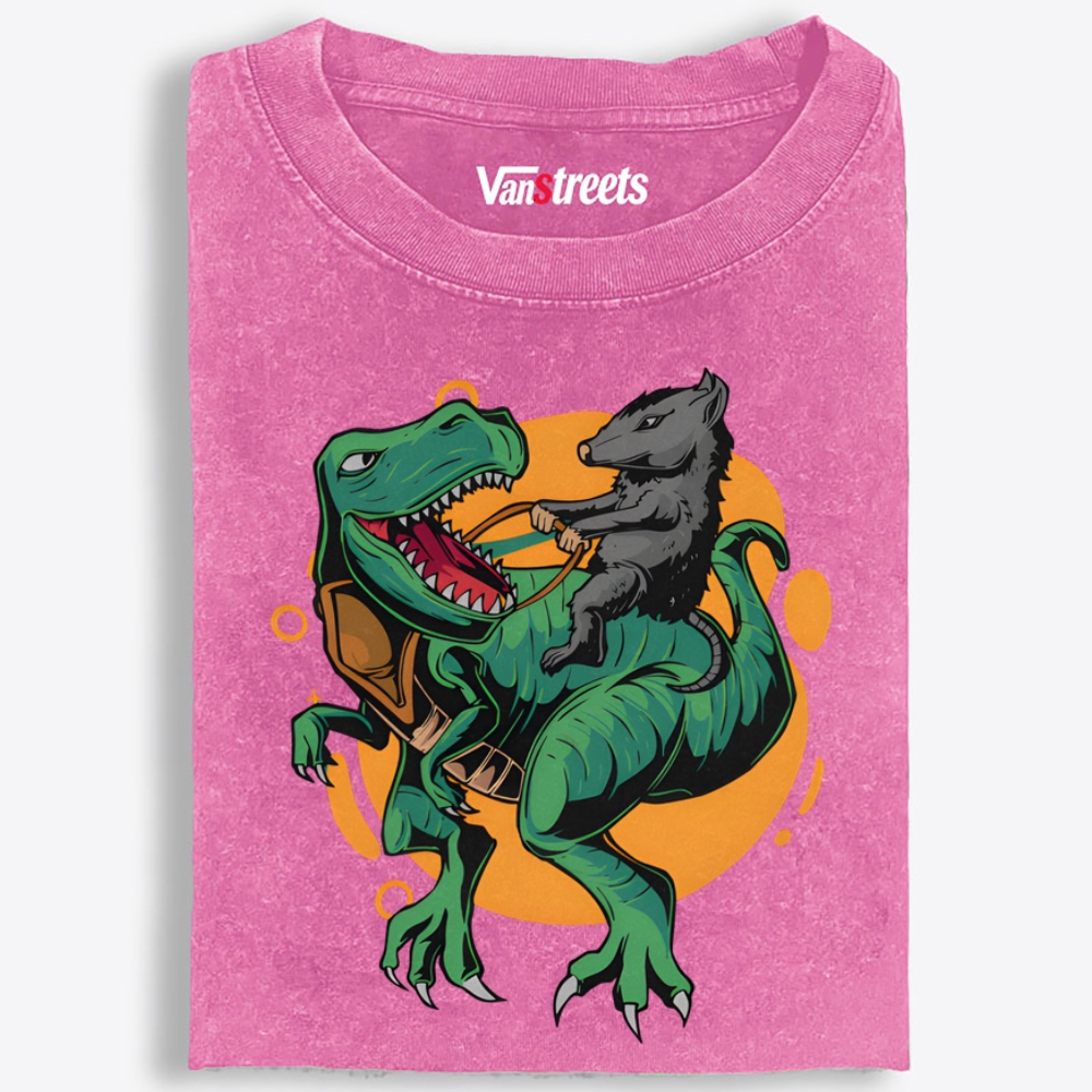 Rat Riding T-Rex Retro Washed T-Shirt | 100% Cotton | Streetwear Essential