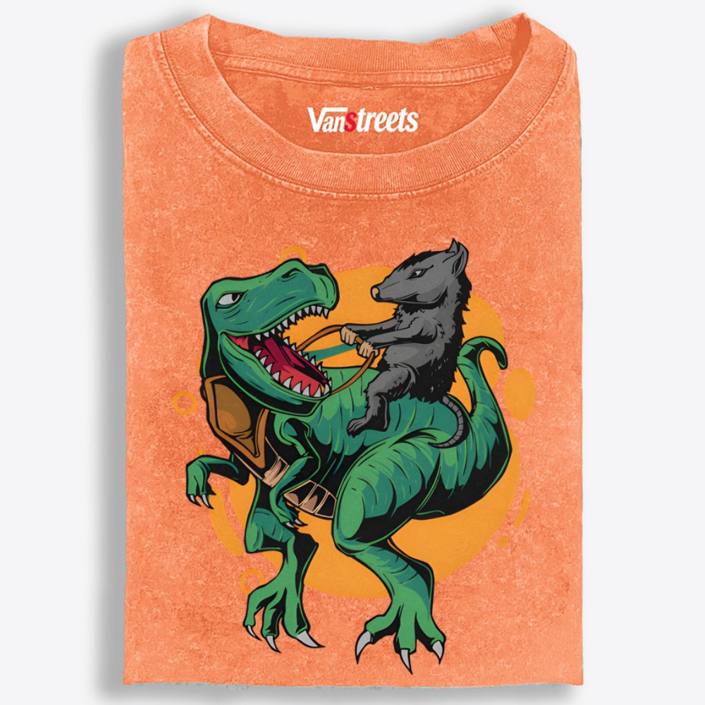 Rat Riding T-Rex Retro Washed T-Shirt | 100% Cotton | Streetwear Essential
