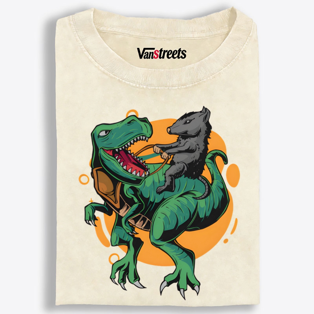 Rat Riding T-Rex Retro Washed T-Shirt | 100% Cotton | Streetwear Essential