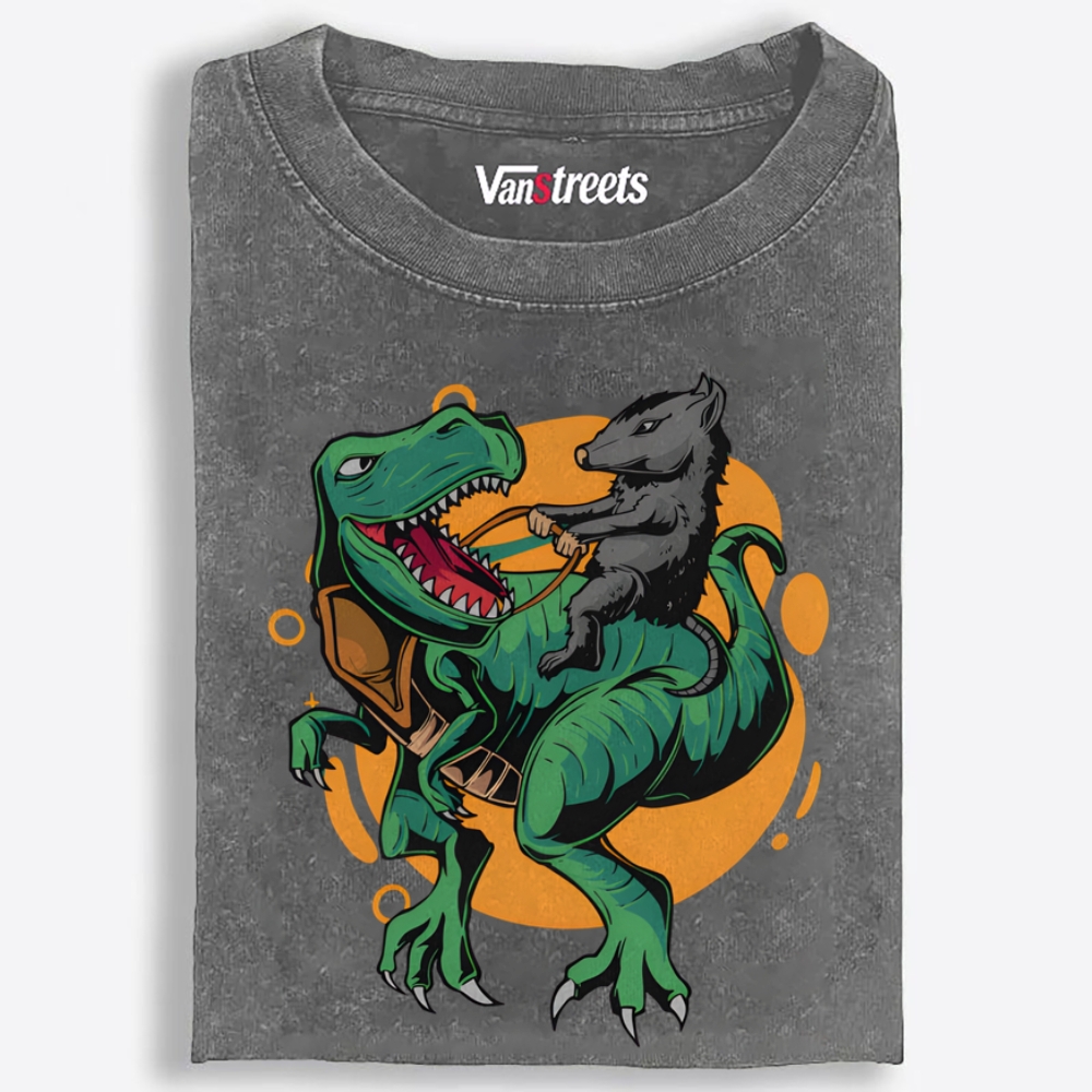 Rat Riding T-Rex Retro Washed T-Shirt | 100% Cotton | Streetwear Essential