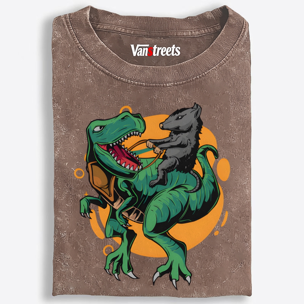 Rat Riding T-Rex Retro Washed T-Shirt | 100% Cotton | Streetwear Essential