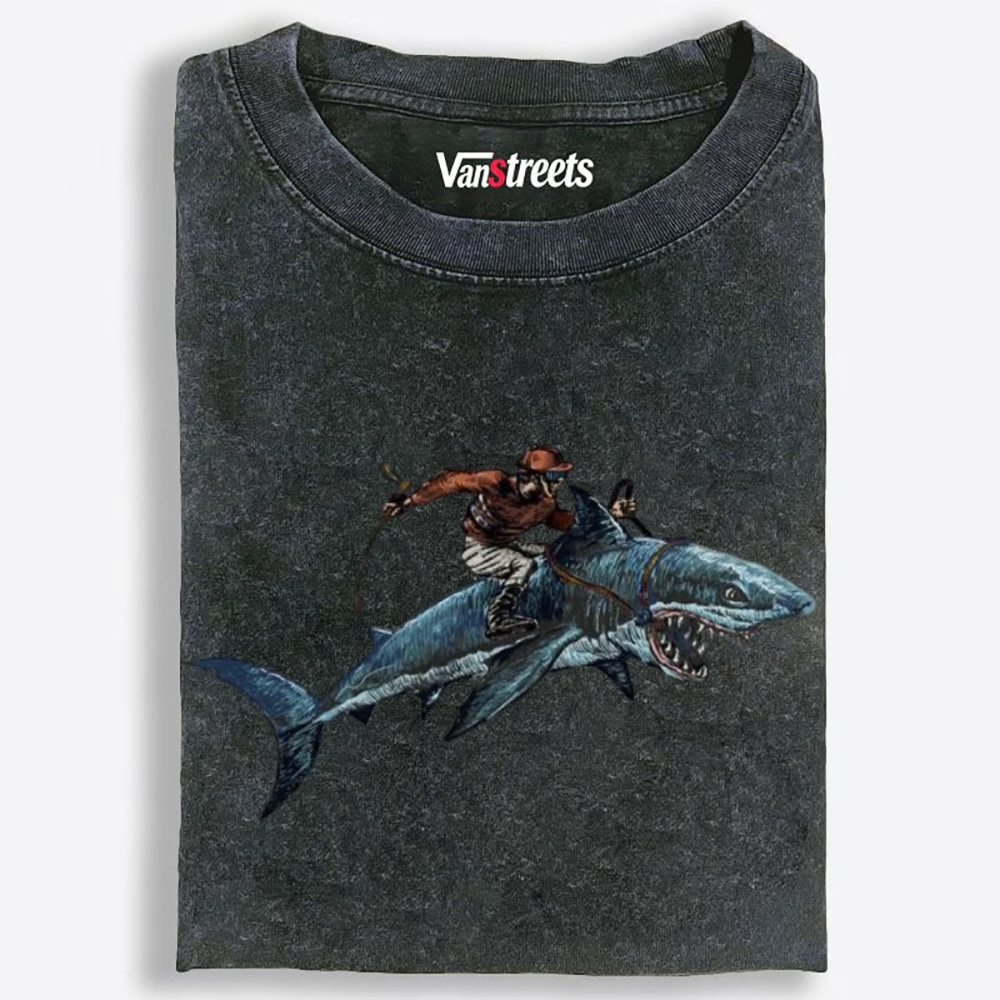 Cowboy Shark Rider Retro Washed T-Shirt | 100% Cotton | Streetwear Essential