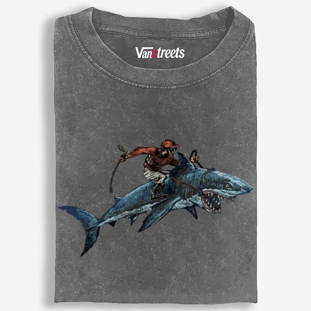 Cowboy Shark Rider Retro Washed T-Shirt | 100% Cotton | Streetwear Essential