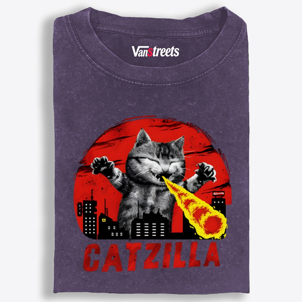 Catzilla Laser Cat Graphic Washed T-Shirt | 100% Cotton | Streetwear Essential