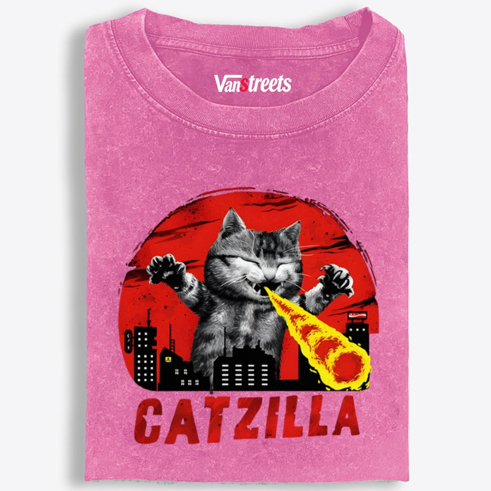 Catzilla Laser Cat Graphic Washed T-Shirt | 100% Cotton | Streetwear Essential
