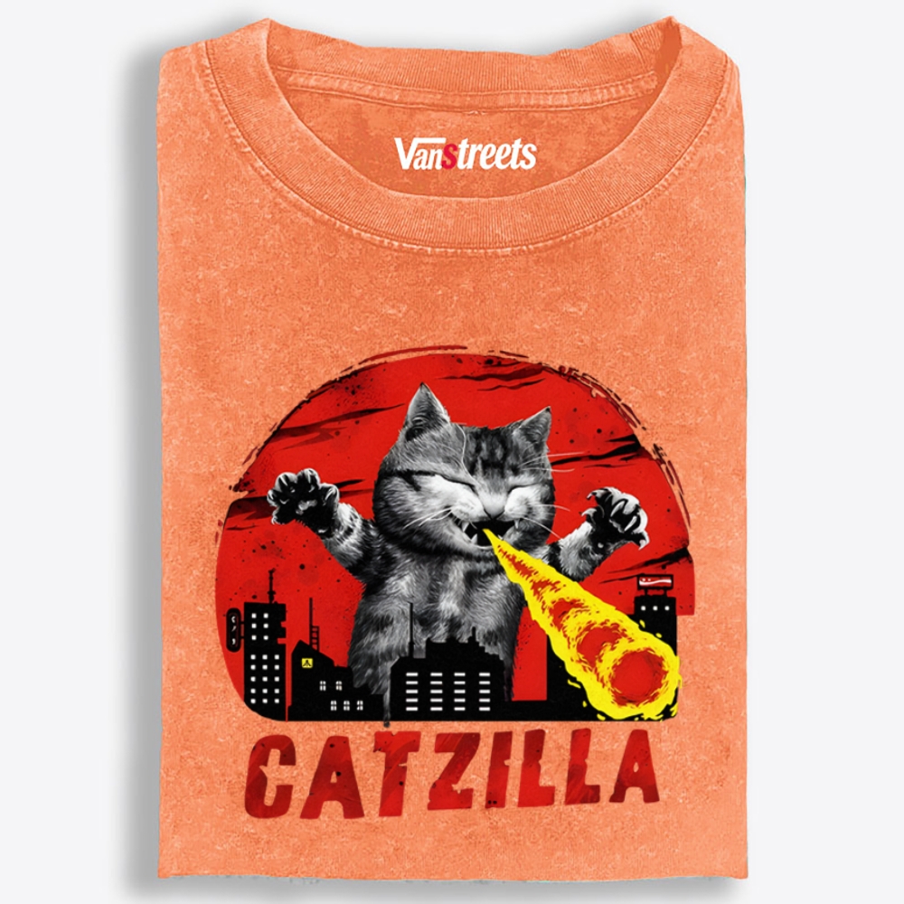 Catzilla Laser Cat Graphic Washed T-Shirt | 100% Cotton | Streetwear Essential