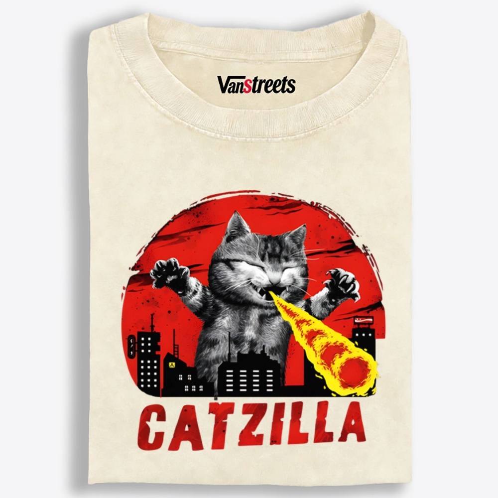 Catzilla Laser Cat Graphic Washed T-Shirt | 100% Cotton | Streetwear Essential