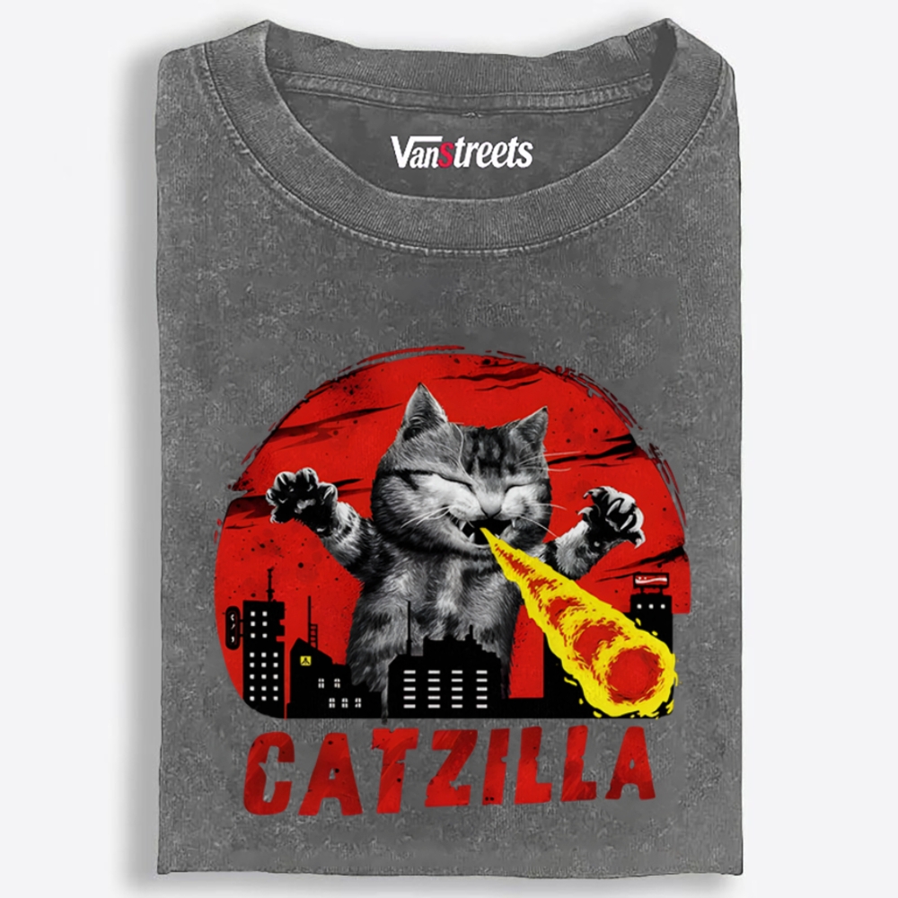 Catzilla Laser Cat Graphic Washed T-Shirt | 100% Cotton | Streetwear Essential