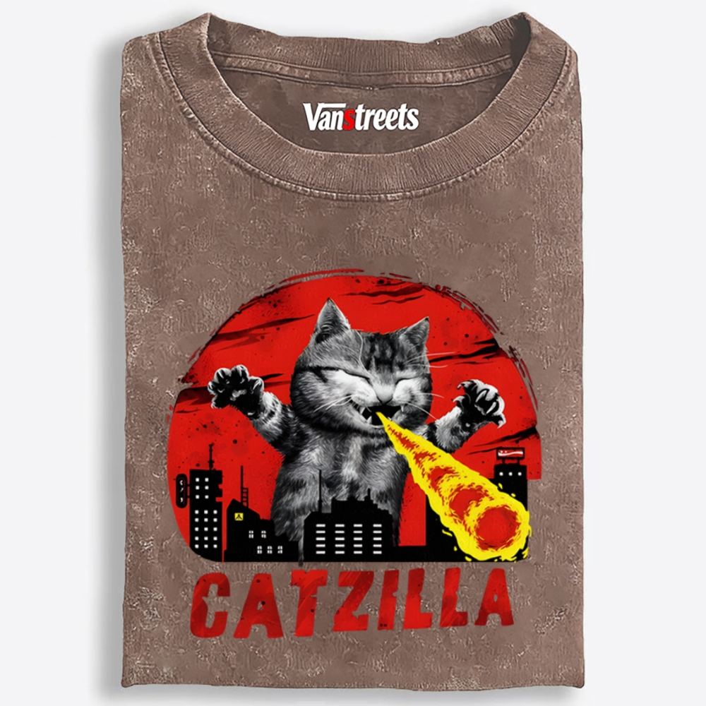 Catzilla Laser Cat Graphic Washed T-Shirt | 100% Cotton | Streetwear Essential