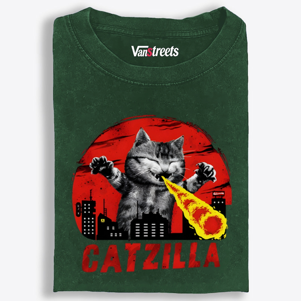 Catzilla Laser Cat Graphic Washed T-Shirt | 100% Cotton | Streetwear Essential
