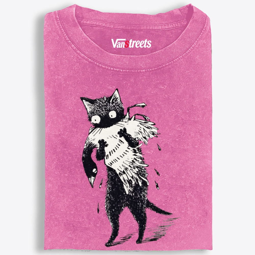 Bird Murder Cat Retro Washed T-Shirt | 100% Cotton | Streetwear Essential