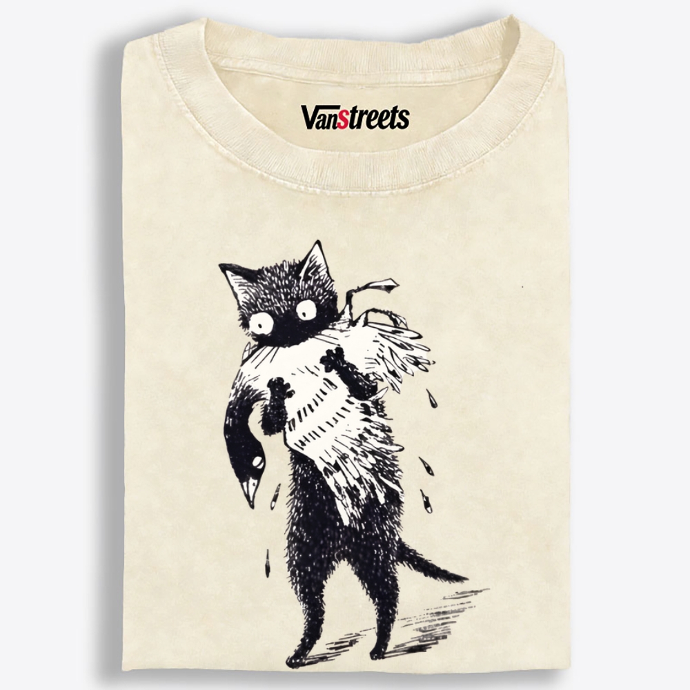 Bird Murder Cat Retro Washed T-Shirt | 100% Cotton | Streetwear Essential