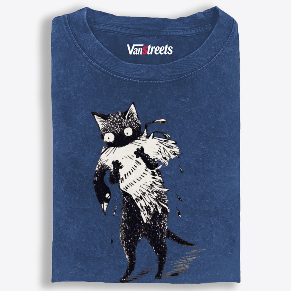 Bird Murder Cat Retro Washed T-Shirt | 100% Cotton | Streetwear Essential