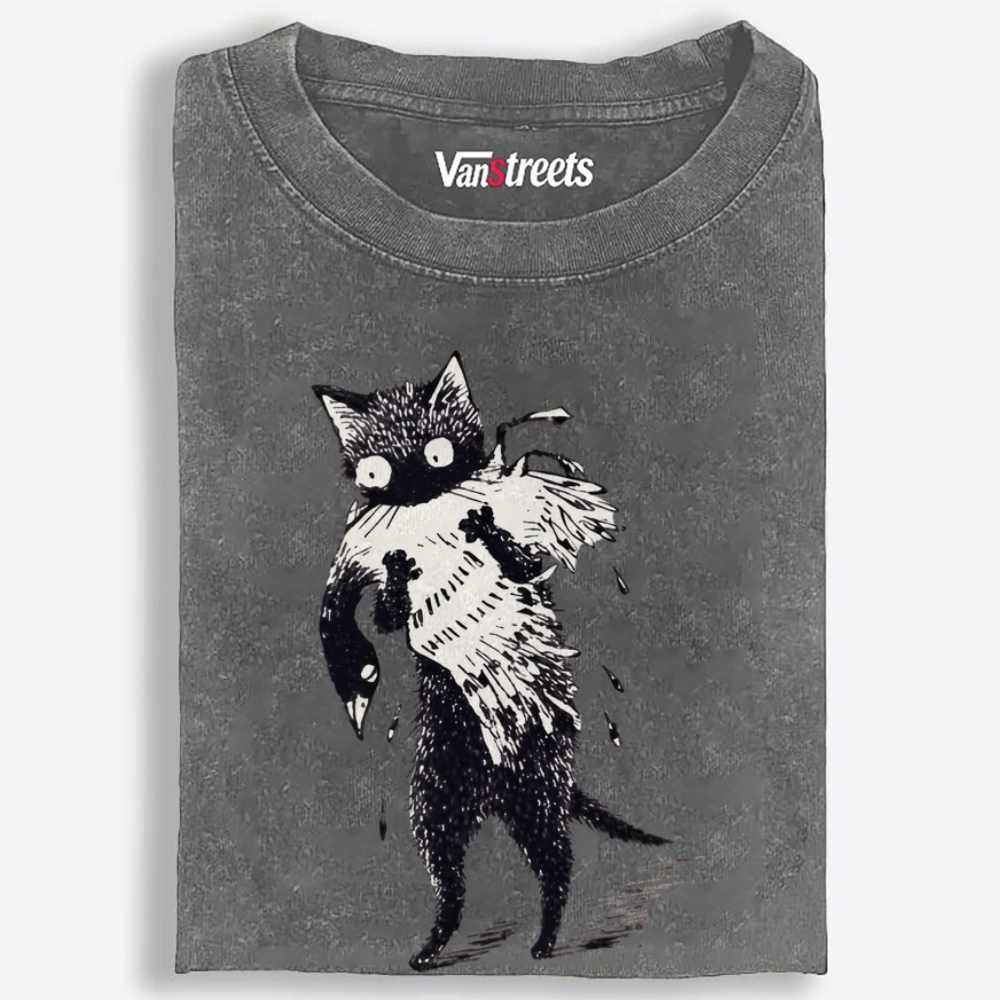 Bird Murder Cat Retro Washed T-Shirt | 100% Cotton | Streetwear Essential