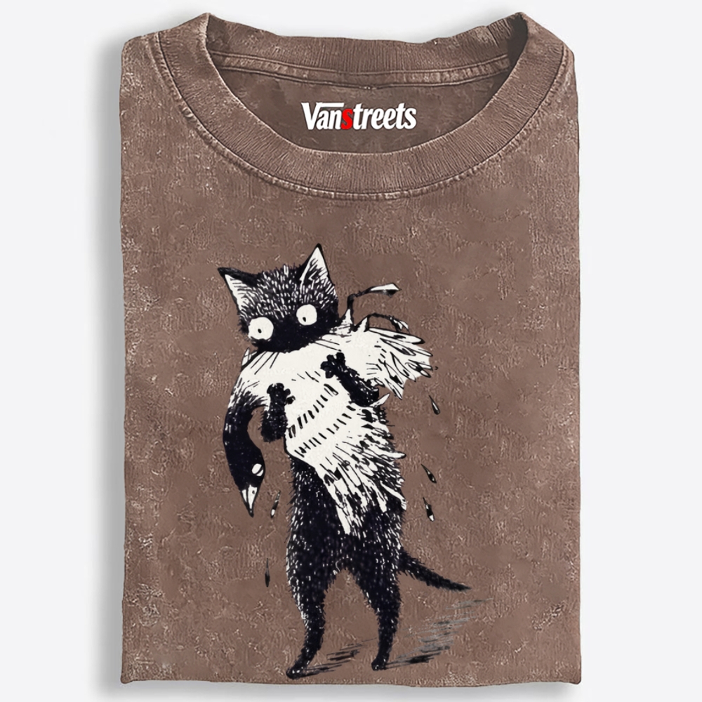Bird Murder Cat Retro Washed T-Shirt | 100% Cotton | Streetwear Essential