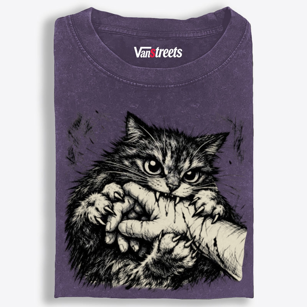 Ferocious Cat Bite Retro Washed T-Shirt | 100% Cotton | Streetwear Essential