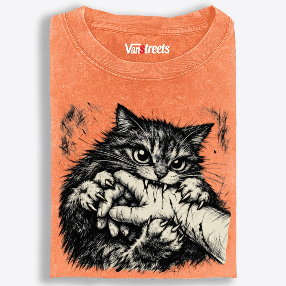 Ferocious Cat Bite Retro Washed T-Shirt | 100% Cotton | Streetwear Essential