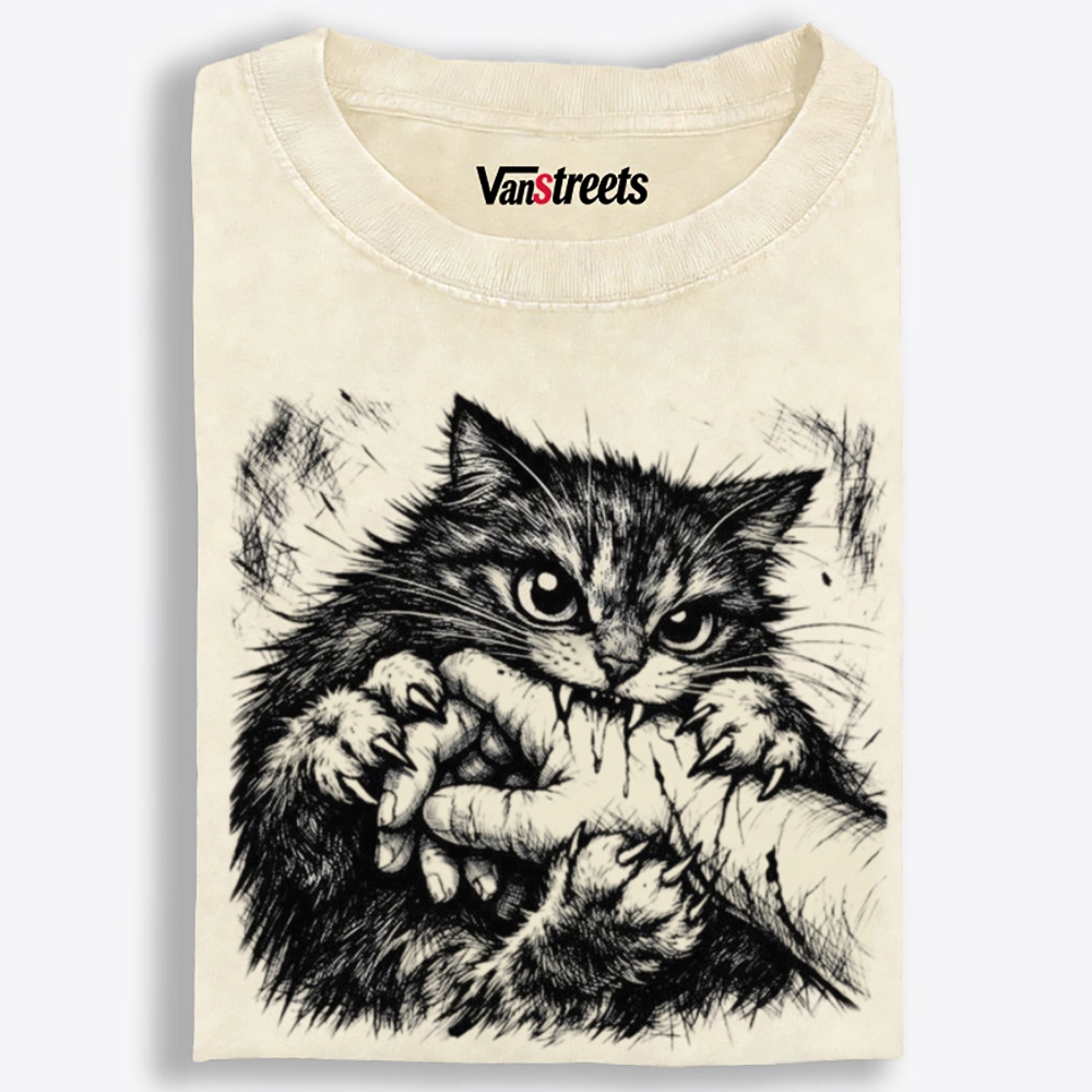 Ferocious Cat Bite Retro Washed T-Shirt | 100% Cotton | Streetwear Essential