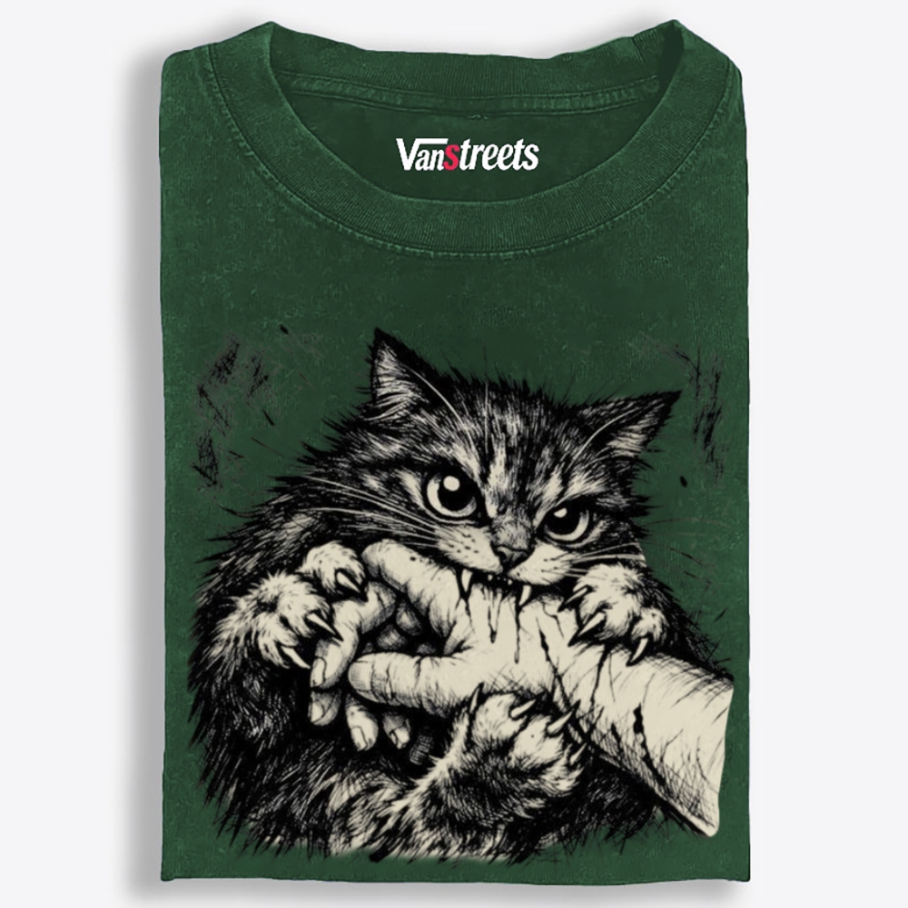 Ferocious Cat Bite Retro Washed T-Shirt | 100% Cotton | Streetwear Essential