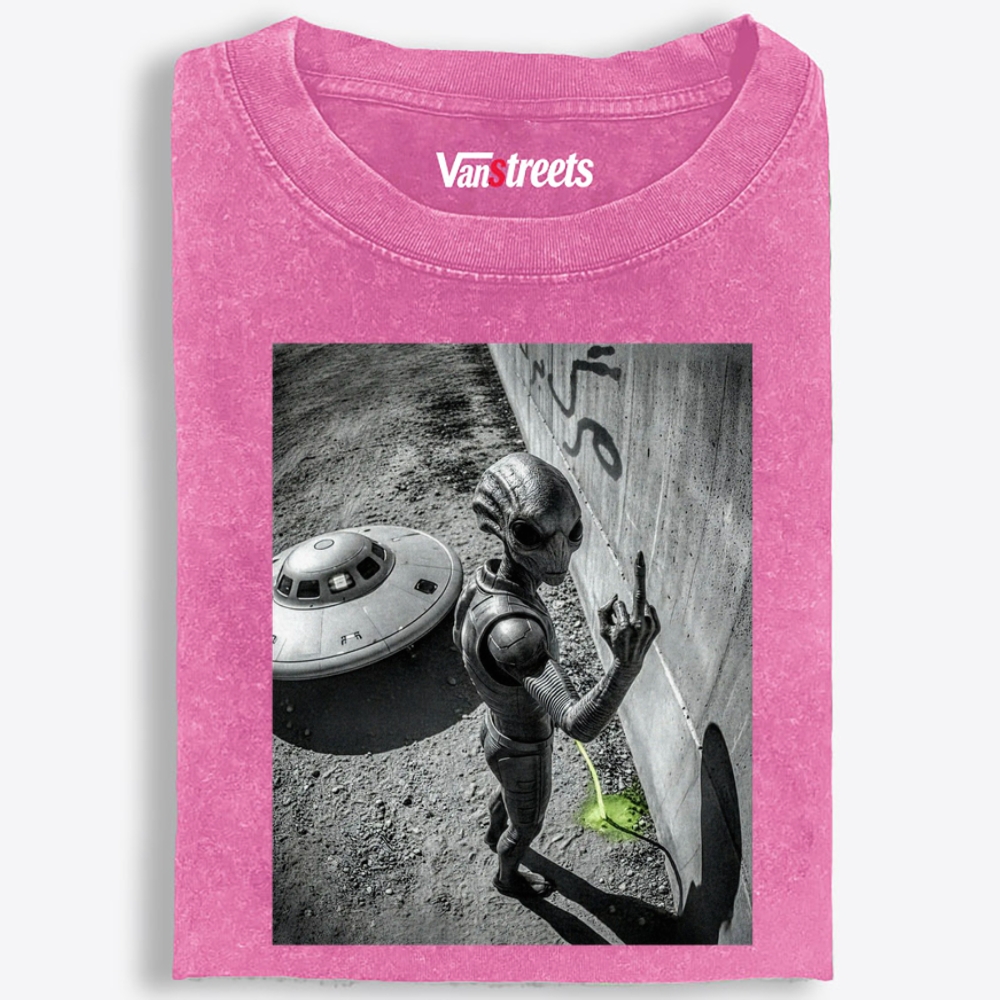 Alien Pissing on Earth Retro Washed T-Shirt | 100% Cotton | Streetwear Essential