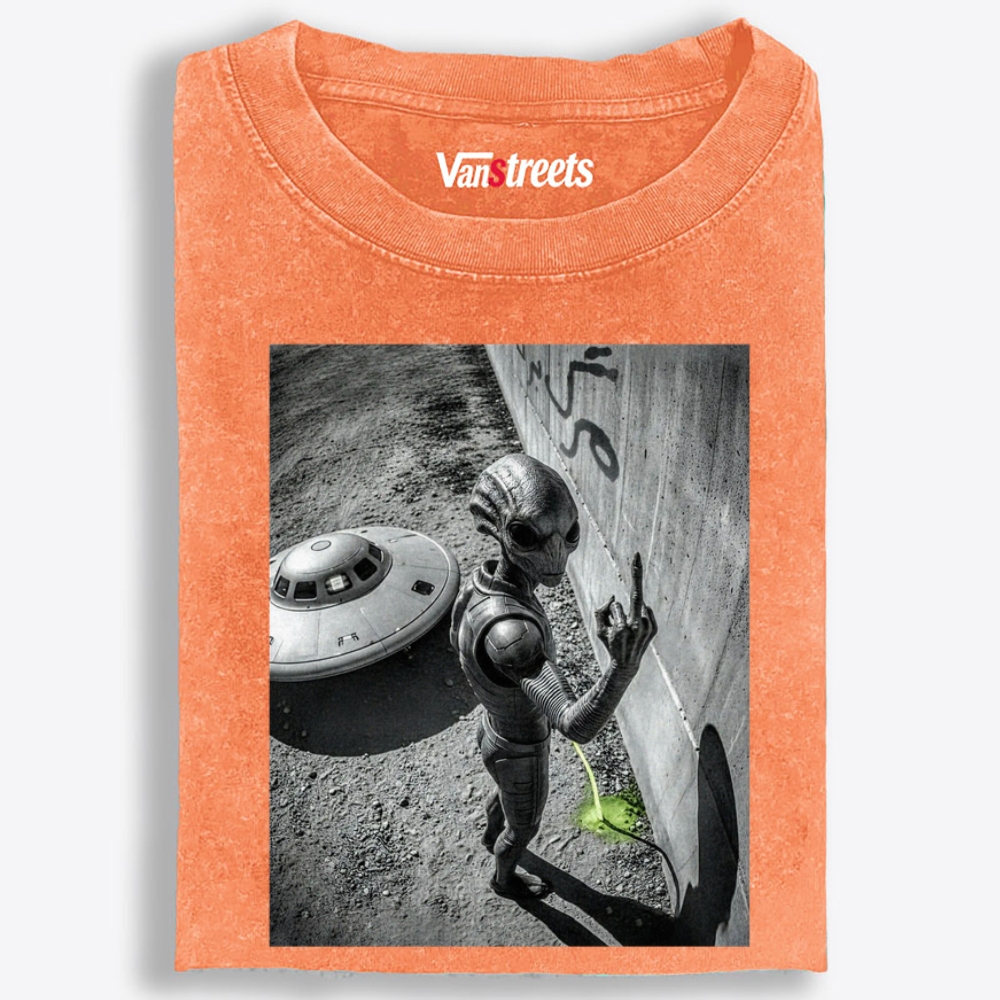 Alien Pissing on Earth Retro Washed T-Shirt | 100% Cotton | Streetwear Essential