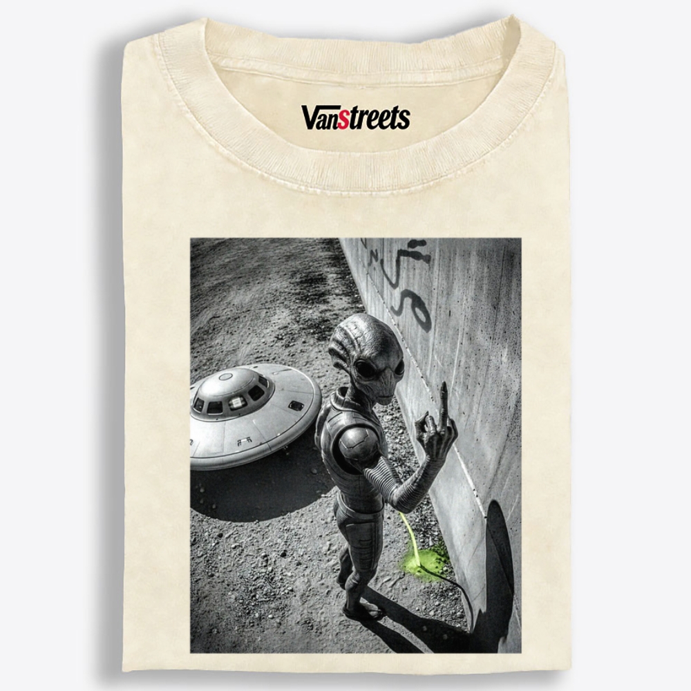 Alien Pissing on Earth Retro Washed T-Shirt | 100% Cotton | Streetwear Essential