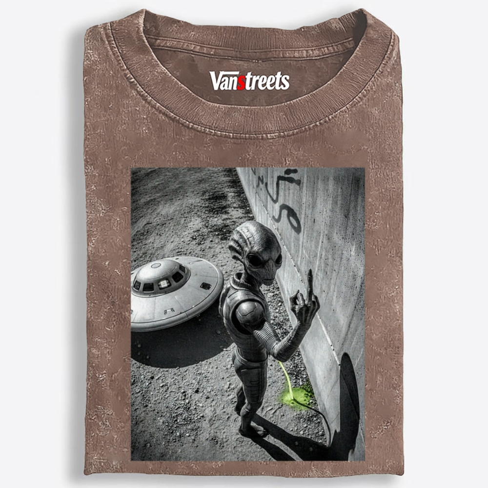 Alien Pissing on Earth Retro Washed T-Shirt | 100% Cotton | Streetwear Essential