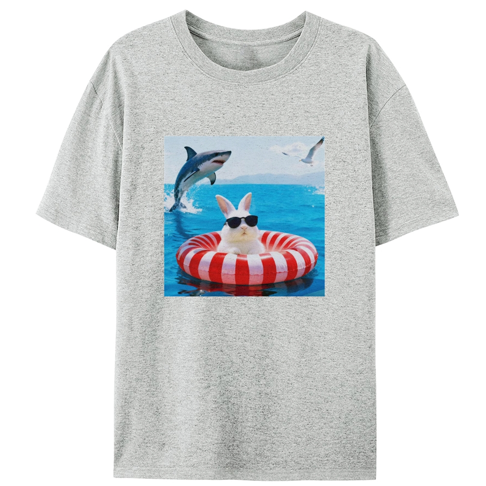 Bunny In Pool Float With Jumping Shark Retro Designed for Women - Slim Fit Cotton Tee