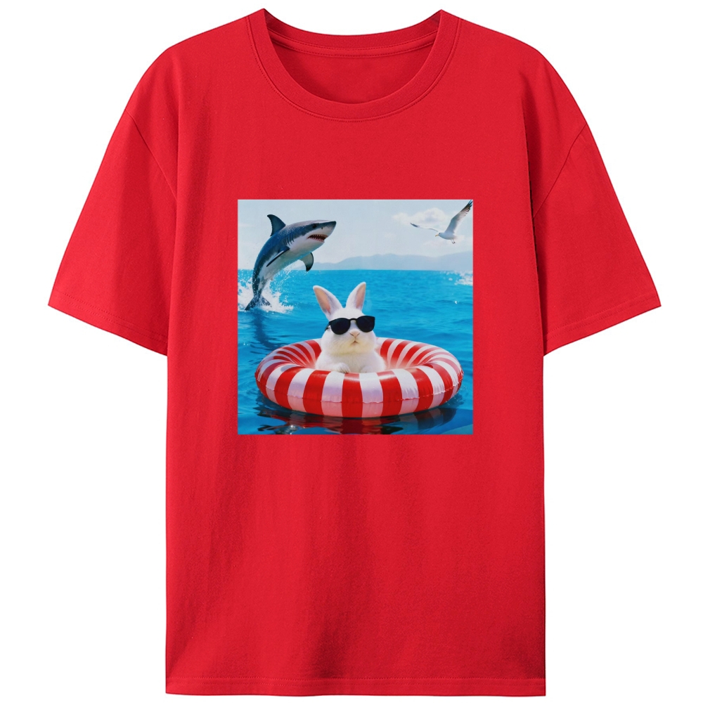 Bunny In Pool Float With Jumping Shark Retro Designed for Women - Slim Fit Cotton Tee
