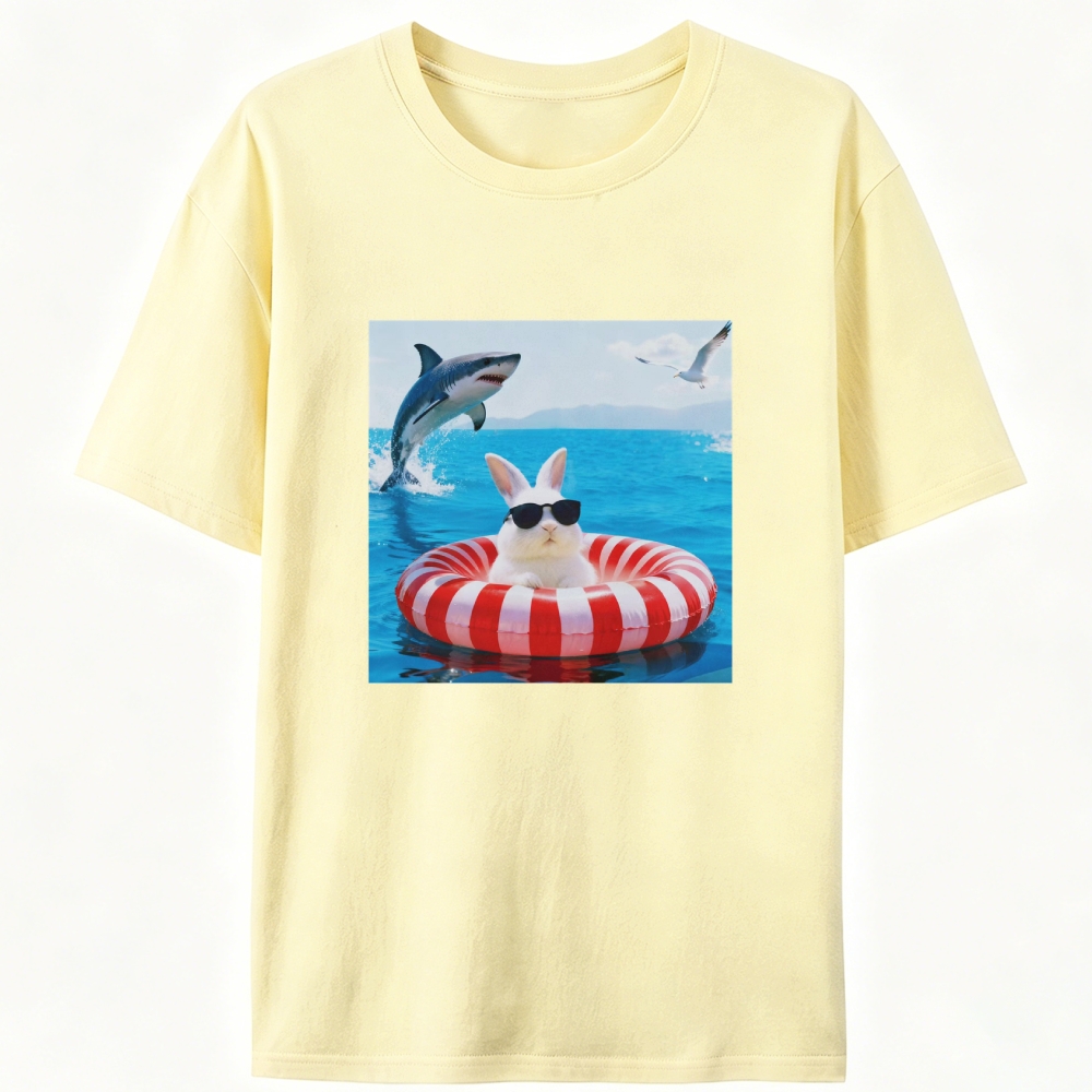 Bunny In Pool Float With Jumping Shark Retro Designed for Women - Slim Fit Cotton Tee