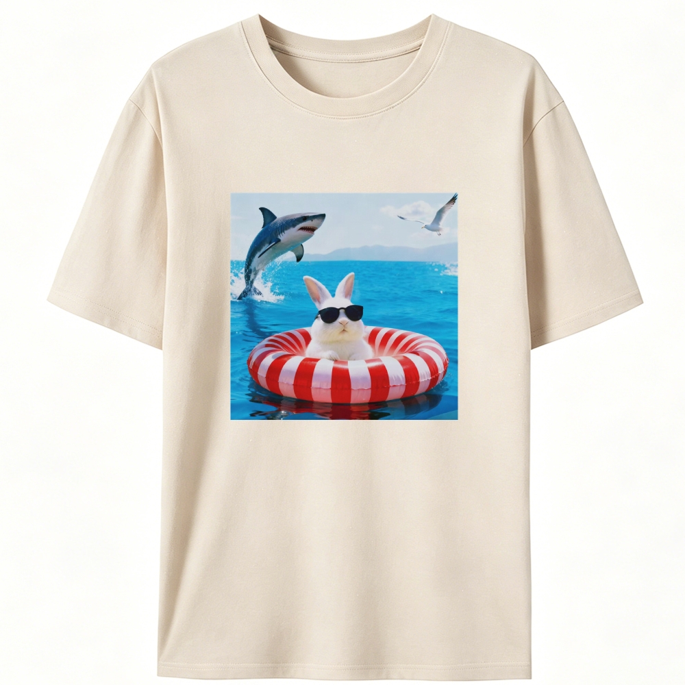 Bunny In Pool Float With Jumping Shark Retro Designed for Women - Slim Fit Cotton Tee