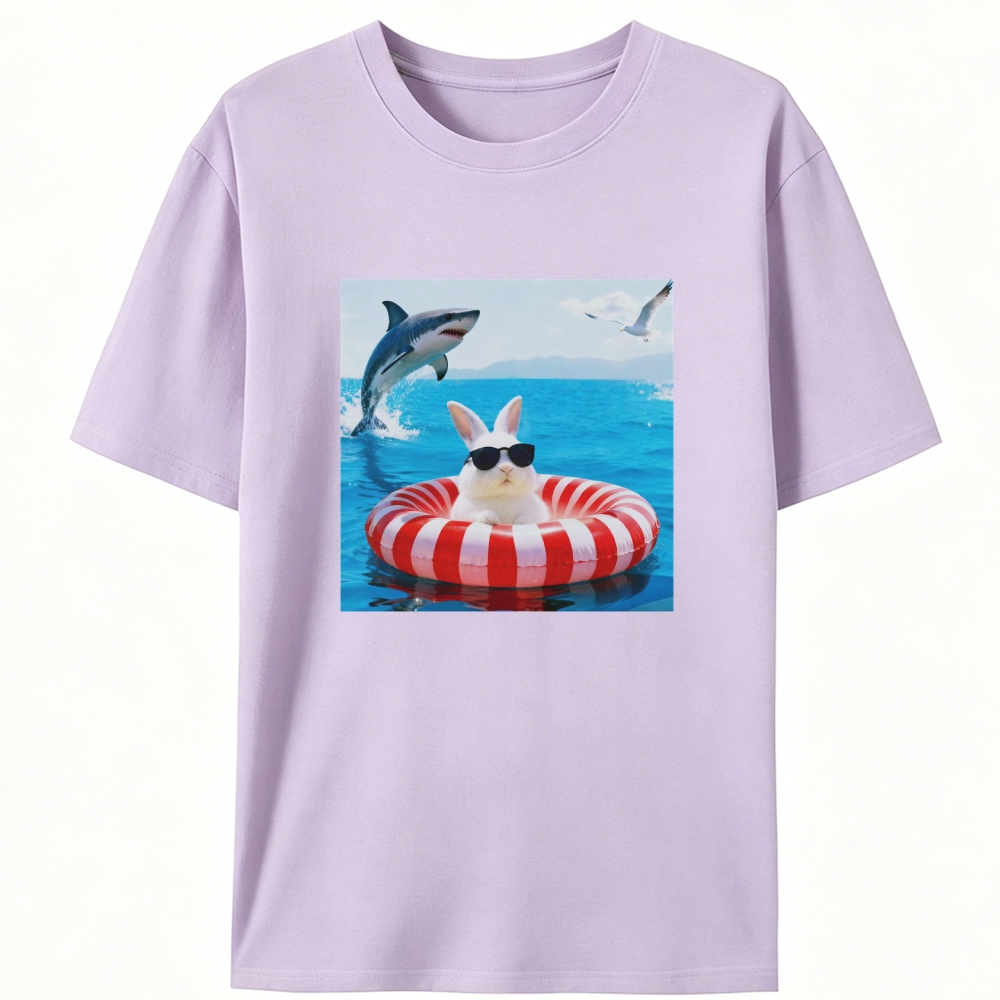 Bunny In Pool Float With Jumping Shark Retro Designed for Women - Slim Fit Cotton Tee