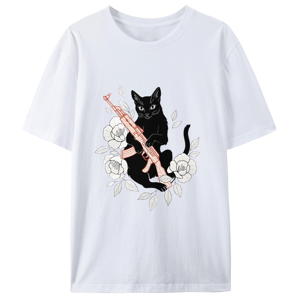 Cat with Gun & Flowers Retro Designed for Women - Slim Fit Cotton Tee