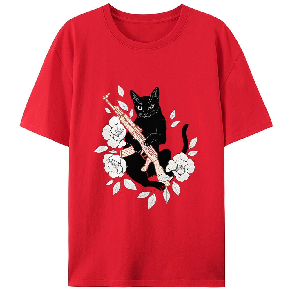 Cat with Gun & Flowers Retro Designed for Women - Slim Fit Cotton Tee