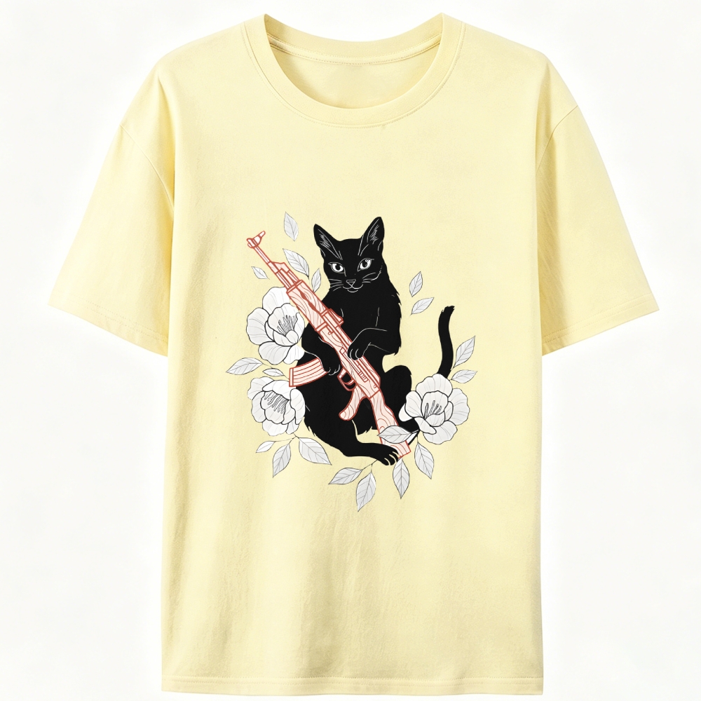 Cat with Gun & Flowers Retro Designed for Women - Slim Fit Cotton Tee