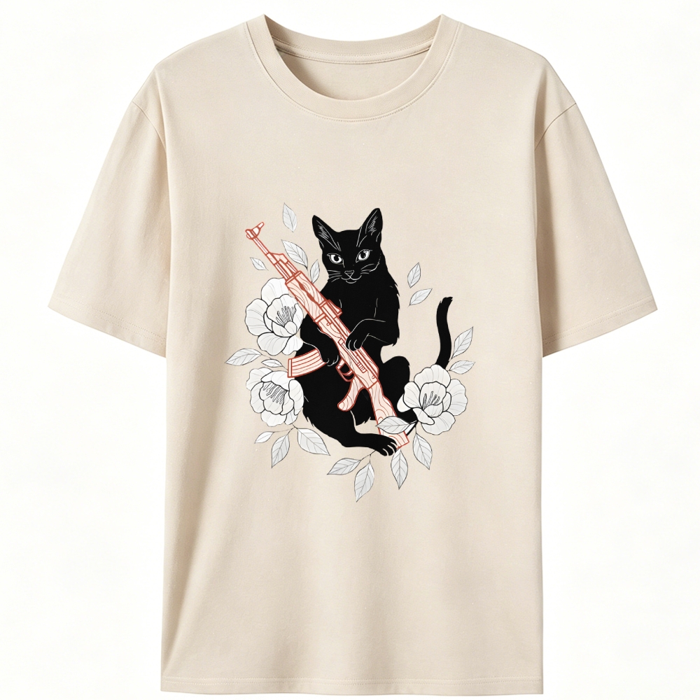 Cat with Gun & Flowers Retro Designed for Women - Slim Fit Cotton Tee