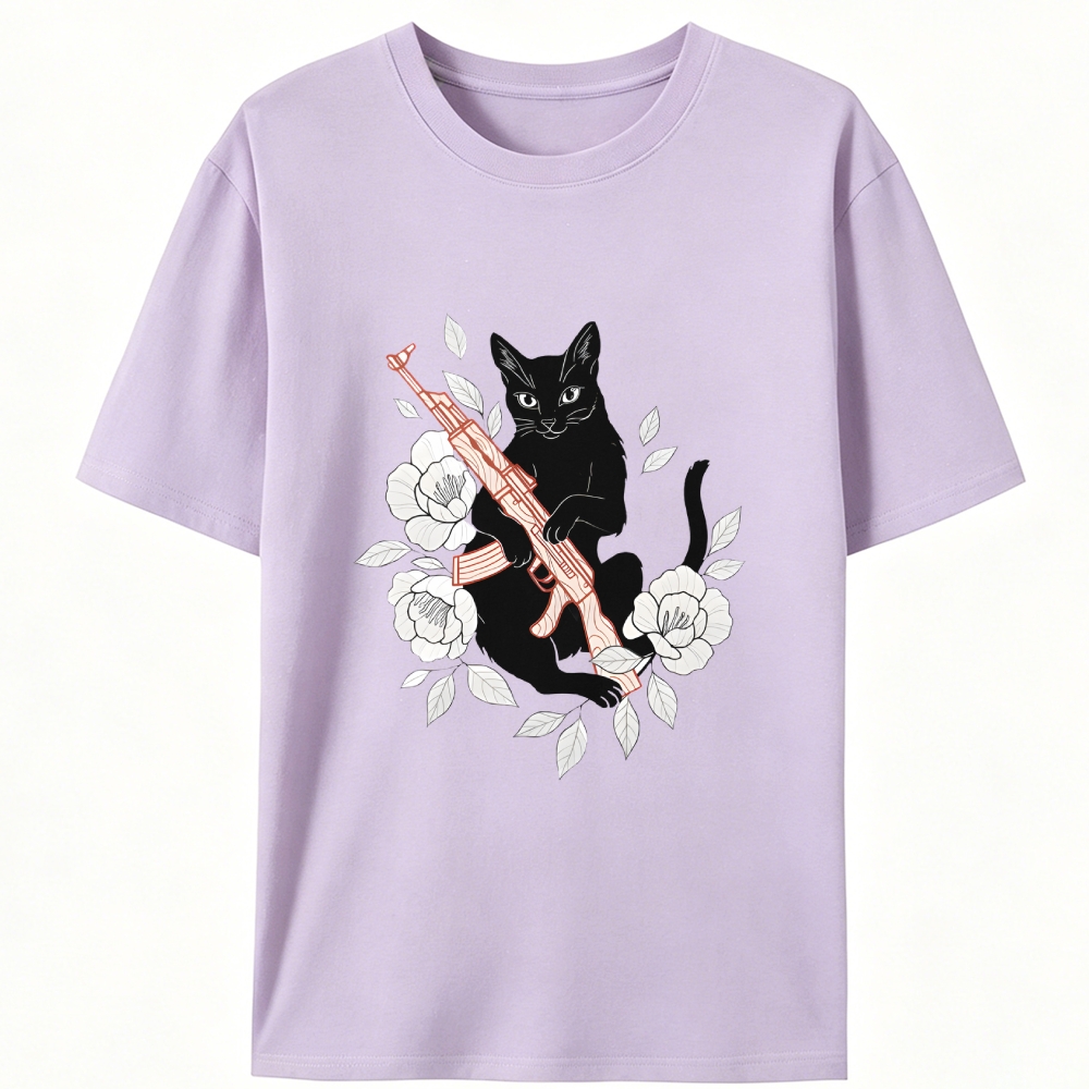 Cat with Gun & Flowers Retro Designed for Women - Slim Fit Cotton Tee