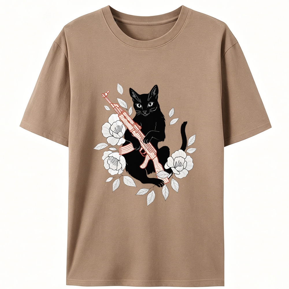 Cat with Gun & Flowers Retro Designed for Women - Slim Fit Cotton Tee