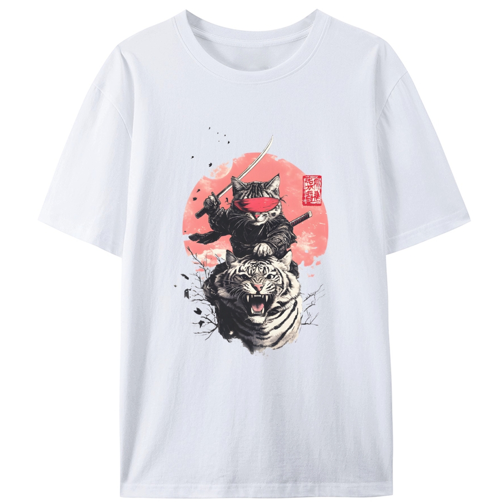 Ninja Cat on Tiger Retro Designed for Women - Slim Fit Cotton Tee